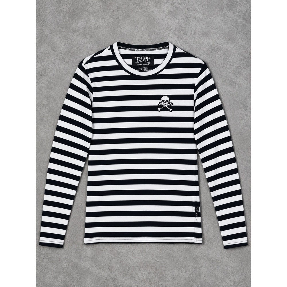 Tripp NYC Skull Long Sleeve Shirt Mens XS Black White Striped Punk Goth Emo